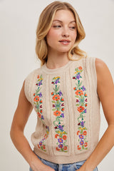 Oatmeal Embroidered Sleeveless Knit Tank Top