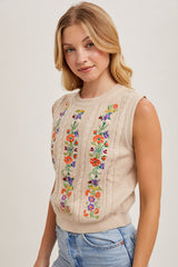 Oatmeal Embroidered Sleeveless Knit Tank Top