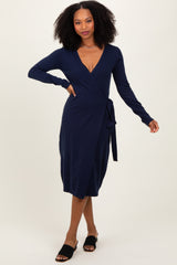 Navy Blue Knit Long Sleeve Wrap Midi Dress