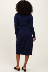 Navy Blue Knit Long Sleeve Wrap Midi Dress