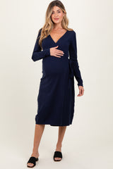 Navy Blue Knit Long Sleeve Wrap Maternity Midi Dress