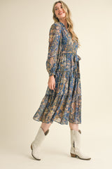 Denim Blue Paisley Print Button Down Midi Dress