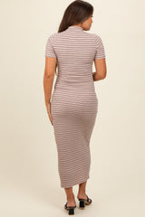 Beige Striped Mock Neck Fitted Maternity Midi Dress