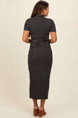 Black Striped Mock Neck Fitted Maternity Midi Dress