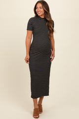 Black Striped Mock Neck Fitted Maternity Midi Dress