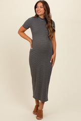 Charcoal Striped Mock Neck Fitted Maternity Midi Dress