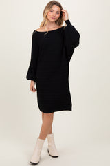 Black Cable Knit Dolman Sleeve Sweater Mini Dress