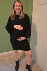 Black Cable Knit Dolman Sleeve Maternity Sweater Mini Dress