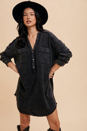 Black Mineral Washed Cotton Shirt Dress