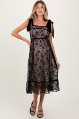 Black Floral Lace Velvet Tie Strap Maternity Midi Dress