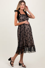 Black Floral Lace Velvet Tie Strap Maternity Midi Dress