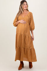 Dark Yellow Floral Long Sleeve Tiered Maternity Maxi Dress