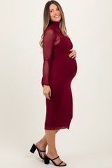 Burgundy Mesh Overlay Fitted Maternity Midi Dress