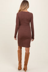 Brown Ribbed Long Sleeve Half Button Up Maternity Fitted Dress