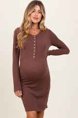 Brown Ribbed Long Sleeve Half Button Up Maternity Fitted Dress