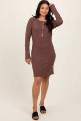 Brown Ribbed Long Sleeve Half Button Up Maternity Fitted Dress