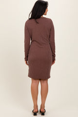 Brown Ribbed Long Sleeve Half Button Up Fitted Dress