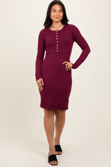 Burgundy Ribbed Long Sleeve Half Button Up Maternity Fitted Dress