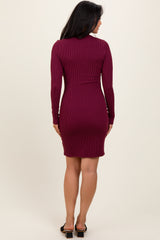 Burgundy Ribbed Long Sleeve Half Button Up Fitted Dress