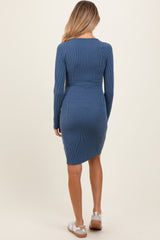 Navy Ribbed Long Sleeve Half Button Up Maternity Fitted Dress