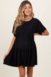 Black Glitter Flutter Sleeve Tiered Maternity Dress