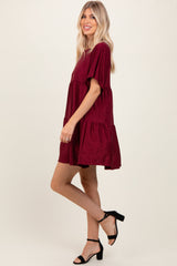 Burgundy Glitter Flutter Sleeve Tiered Dress