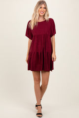 Burgundy Glitter Flutter Sleeve Tiered Maternity Dress