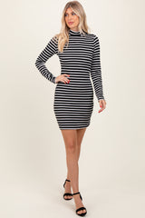 Black Striped Mock Neck Long Sleeve Fitted Dress