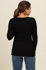 Black Ribbed Knit Long Sleeve Lettuce Hem Maternity Top