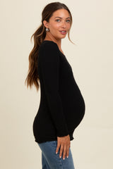 Black Ribbed Knit Long Sleeve Lettuce Hem Maternity Top