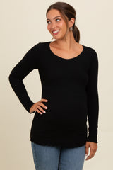 Black Ribbed Knit Long Sleeve Lettuce Hem Maternity Top