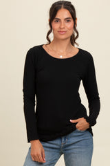 Black Ribbed Knit Long Sleeve Lettuce Hem Maternity Top