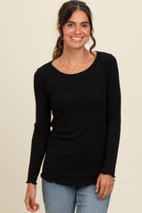 Black Ribbed Knit Long Sleeve Lettuce Hem Top