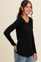 Black Ribbed Knit Long Sleeve Lettuce Hem Top