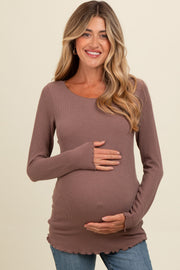 Brown Ribbed Knit Long Sleeve Lettuce Hem Maternity Top