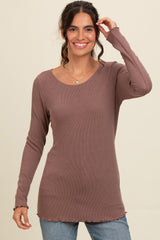 Brown Ribbed Knit Long Sleeve Lettuce Hem Maternity Top