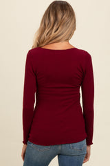 Burgundy Ribbed Knit Long Sleeve Lettuce Hem Maternity Top