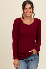 Burgundy Ribbed Knit Long Sleeve Lettuce Hem Maternity Top