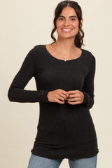 Charcoal Ribbed Knit Long Sleeve Lettuce Hem Top