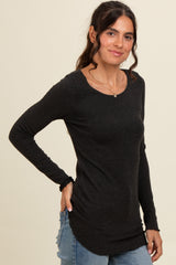 Charcoal Ribbed Knit Long Sleeve Lettuce Hem Top