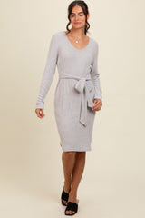 Heather Grey Ribbed Knit Long Sleeve Tie Waist Maternity Dress