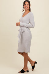 Heather Grey Ribbed Knit Long Sleeve Tie Waist Dress