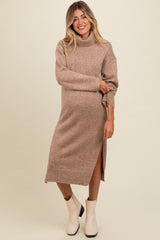 Light Mocha Turtleneck Side Slit Knit Maternity Midi Sweater Dress