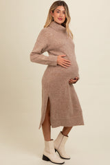 Light Mocha Turtleneck Side Slit Knit Maternity Midi Sweater Dress