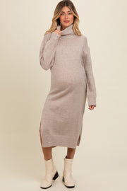 Beige Turtleneck Side Slit Knit Maternity Midi Sweater Dress