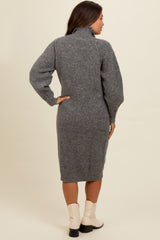 Charcoal Mock Neck Bubble Sleeve Maternity Midi Sweater Dress