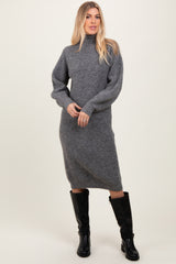 Charcoal Mock Neck Bubble Sleeve Maternity Midi Sweater Dress