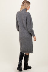 Charcoal Mock Neck Bubble Sleeve Midi Sweater Dress