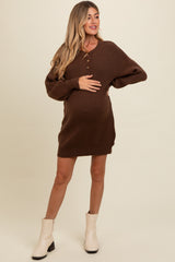 Brown Half Button Up Maternity Mini Sweater Dress