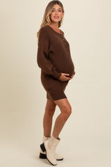 Brown Half Button Up Maternity Mini Sweater Dress